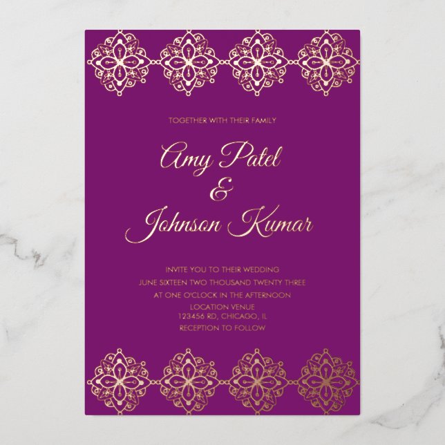 Modern Indian Mandala Border Wedding Pressed Foil Invitation (Front)