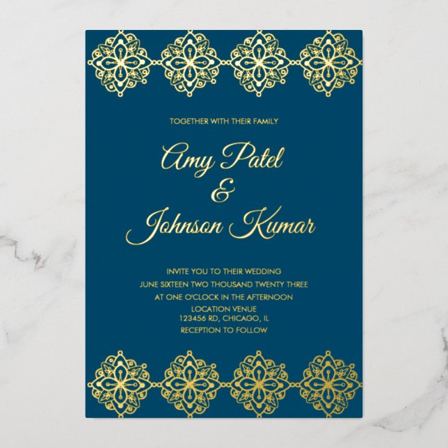 Modern Indian Mandala Border Wedding Pressed Foil Invitation (Front)