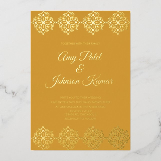 Modern Indian Mandala Border Wedding Pressed  Foil Invitation (Front)