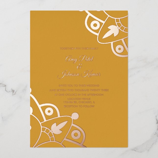 Modern Indian Mandala Mustard  Wedding Pressed   Foil Invitation (Front)