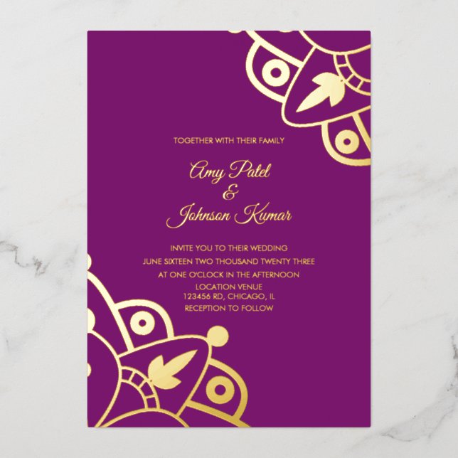 Modern Indian Mandala Purple Wedding Pressed  Foil Invitation (Front)