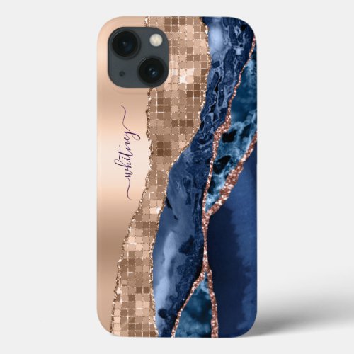 Modern Indigo Blue Agate Gold Glitter Sparkle Chic iPhone 13 Case