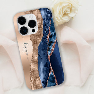 Modern Indigo Blue Agate & Rose Gold Confetti Leaf Case-Mate iPhone 14 Pro Case