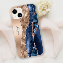 Modern Indigo Blue Agate &amp; Rose Gold Confetti Leaf Case-Mate iPhone 14 Case