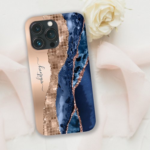 Modern Indigo Blue Agate  Rose Gold Confetti Leaf iPhone 13 Pro Case