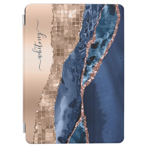 Modern Indigo Blue Agate  Rose Gold Confetti Leaf iPad Air Cover