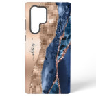 Modern Indigo Blue Agate & Rose Gold Confetti Leaf