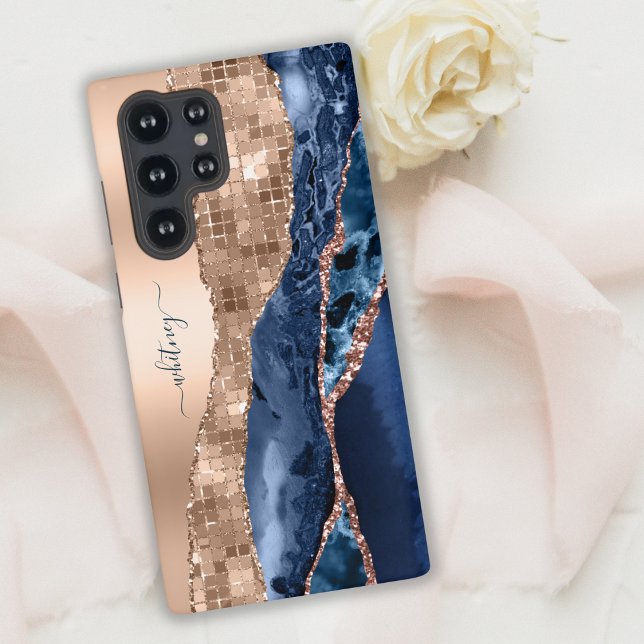 Modern Indigo Blue Agate & Rose Gold Confetti Leaf Samsung Galaxy Case (Creator Uploaded)