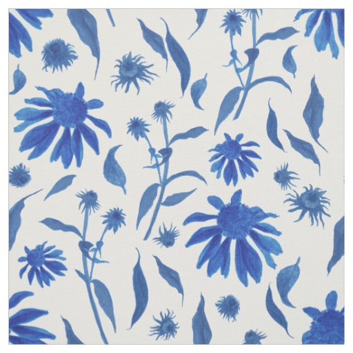 Modern Indigo Blue Cone Flowers on White Fabric