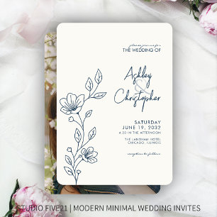 Modern Indigo Blue Foliage Outline Photo Wedding Invitation