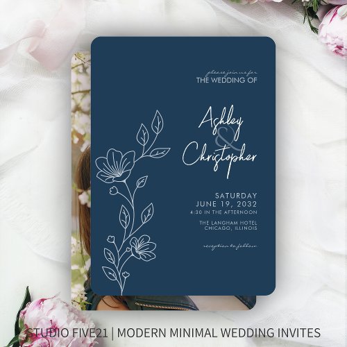 Modern Indigo Blue Foliage Outline Photo Wedding Invitation