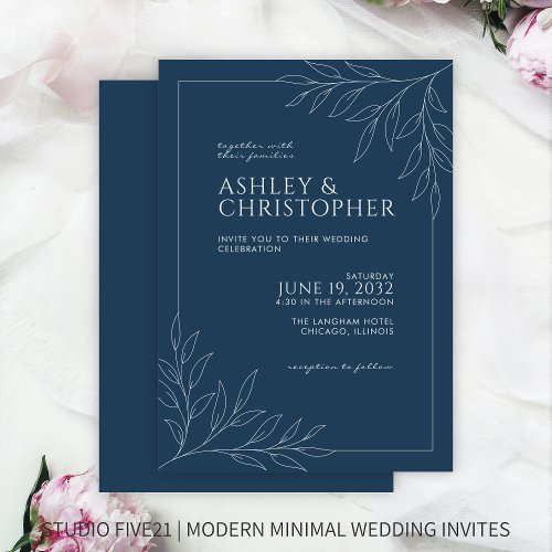 Modern Indigo Blue Foliage Outline Wedding Invitation