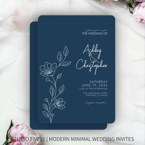 Modern Indigo Blue Foliage Outline Wedding Invitation