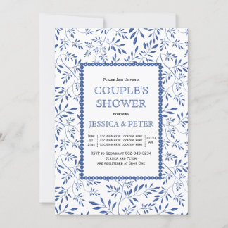 Modern indigo blue leaves wedding couples shower invitation