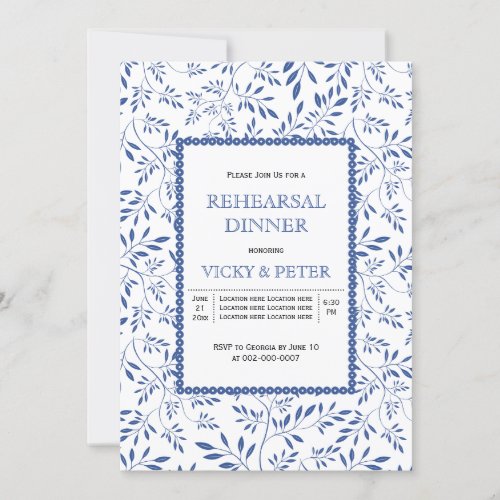 Modern indigo blue leaves wedding rehearsal dinner invitation