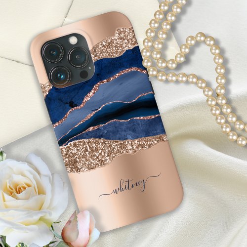 Modern Indigo_Blue Marble Agate  Rose Gold Glitter iPhone 13 Pro Case