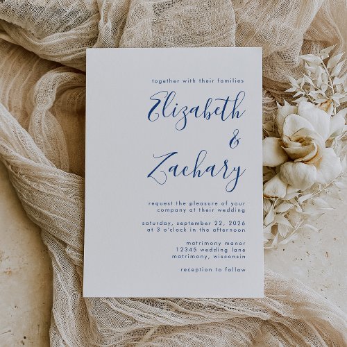 Modern Indigo Blue Script Wedding Invitation