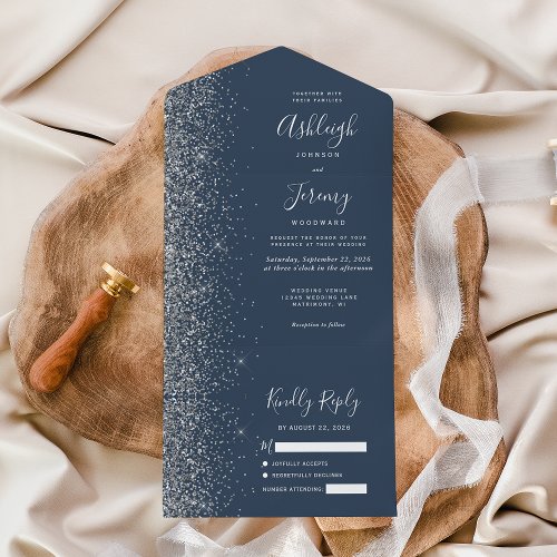 Modern Indigo Blue Silver Glitter Wedding All In One Invitation