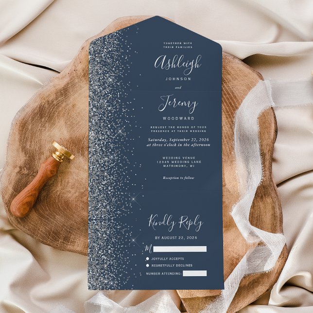 Modern Indigo Blue Silver Glitter Wedding All In One Invitation (Creator Uploaded)