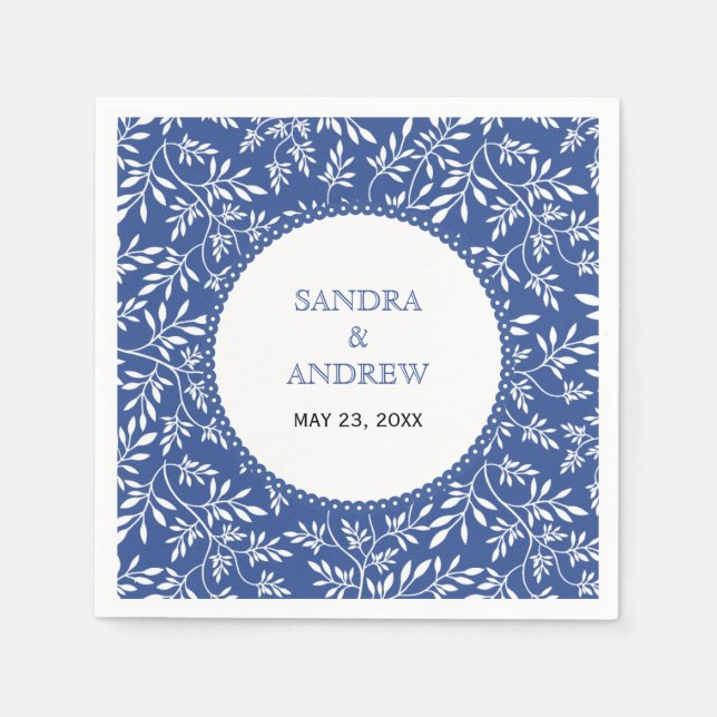 Modern indigo blue white leaves pattern wedding paper napkins (Front)