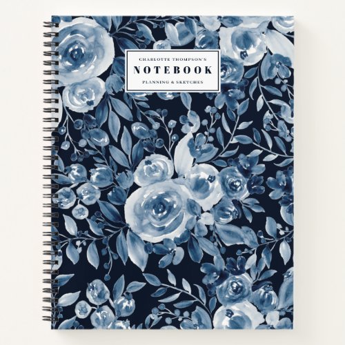 modern indigo floral watercolor name navy blue notebook