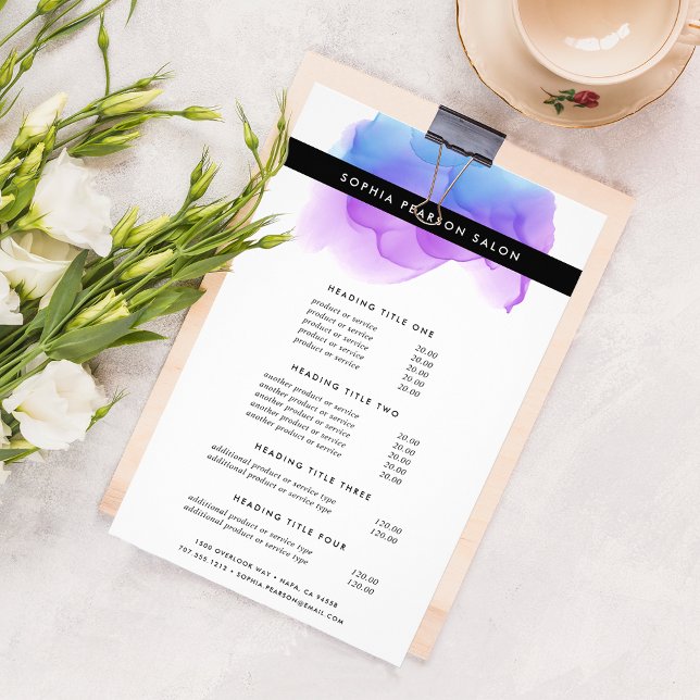 Modern Indigo Watercolor Pricing & Services Flyer (Creator Uploaded)