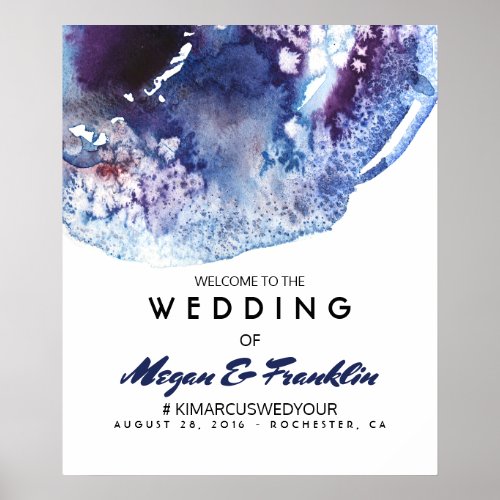 Modern Indigo Watercolor Wedding Welcome Sign - Modern indigo blue and purple watercolors wedding welcome sign poster
