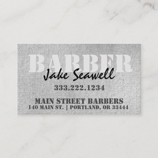 Modern Industrial Gray Barber   Business Card (Front)