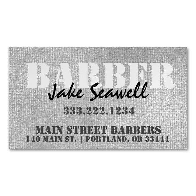 Modern Industrial Gray Barber Business Card Magnet (Front)