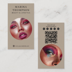 Modern Influencer Beige Photo Social Media QR Code Business Card