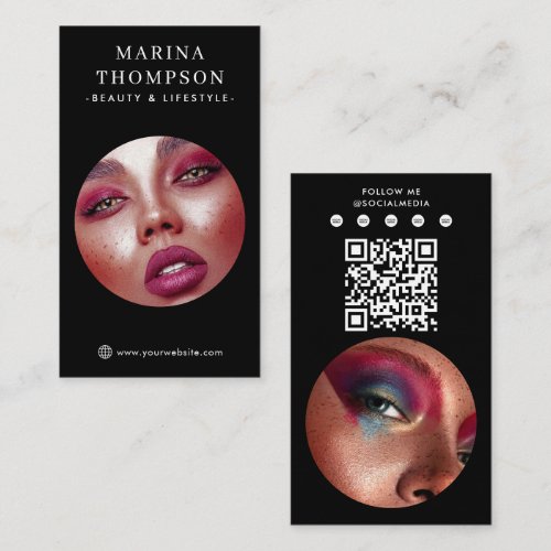 Modern Influencer Black Photo Social Media QR Code Business Card