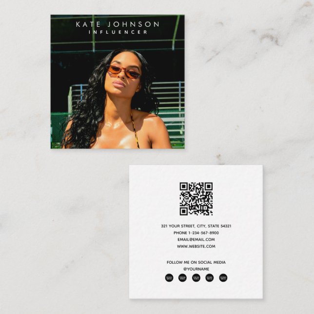 Modern Influencer Photo QR Code Social Media Square Business Card (Front/Back)