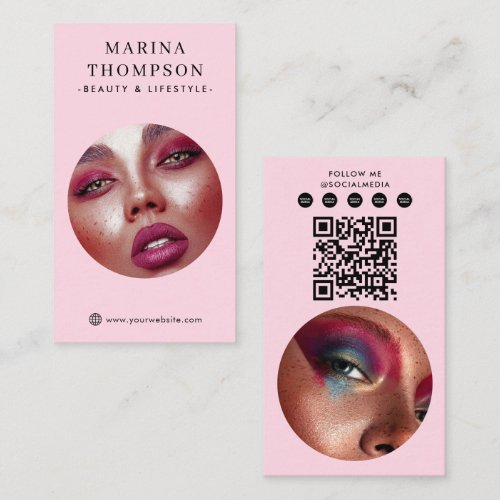 Modern Influencer Pink Photo Social Media QR Code Business Card