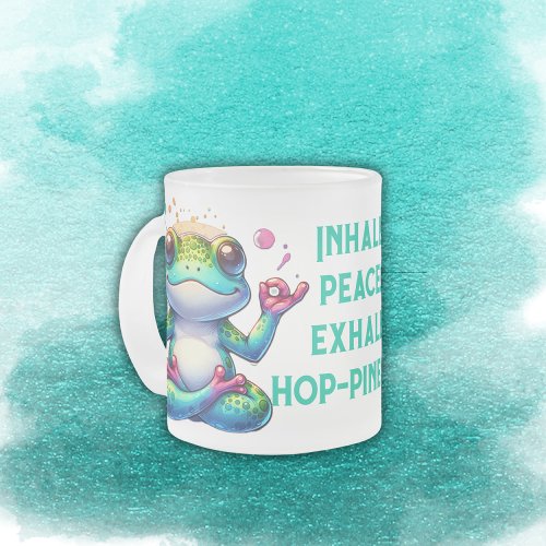 Modern Inhale Exhale Green Frog  Frosted Glass Coffee Mug