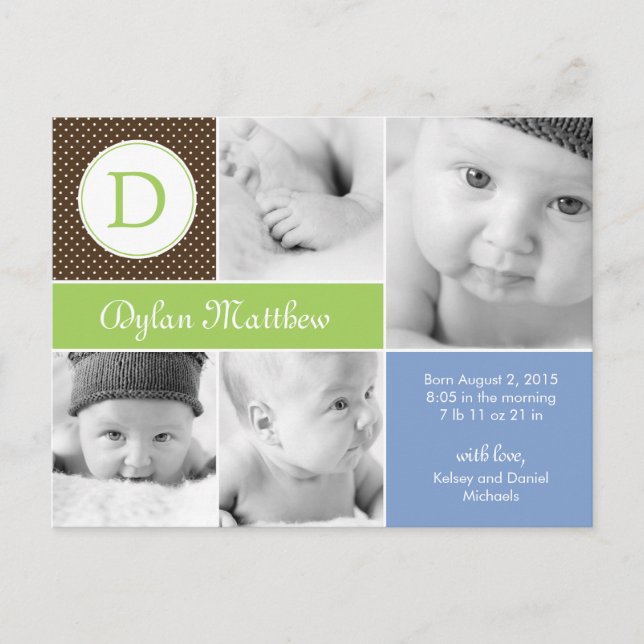 Modern Initial Birth Announcement - Blue (Front)