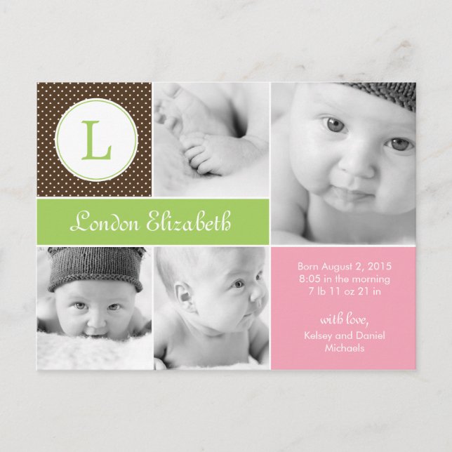 Modern Initial Birth Announcement - Pink (Front)