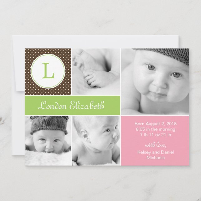 Modern Initial Birth Announcements - Pink (Front)