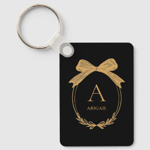 Modern Initial Black and Gold Chic Bow Monogram Keychain