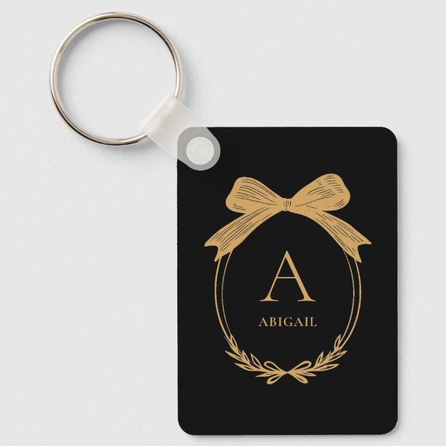 Modern Initial Black and Gold Chic Bow Monogram Keychain (Front)