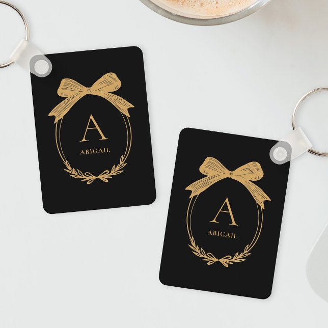Modern Initial Black and Gold Chic Bow Monogram Keychain (Modern Initial Black and Gold Chic Bow Monogram Keychain)