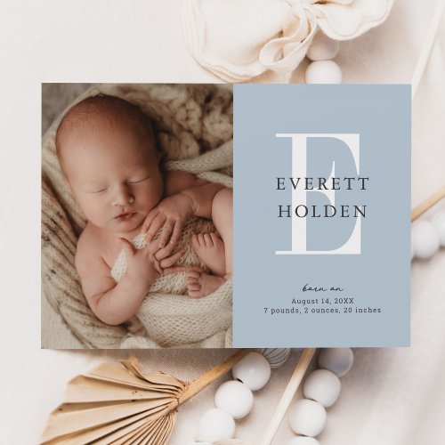 Modern Initial Blue Baby Three Photo Birth Announcement