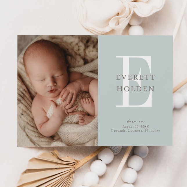 Modern Initial Blue Green Baby Three Photo Birth Announcement (Creator Uploaded)