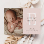 Modern Initial Blush Pink Baby Three Photo Birth Announcement<br><div class="desc">Modern Initial Blush Pink Baby Three Photo Birth Announcement shows your vertical photo on the front,  along with baby's initial. Two more photos are on the back.</div>