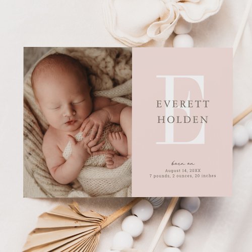 Modern Initial Blush Pink Baby Three Photo Birth Announcement