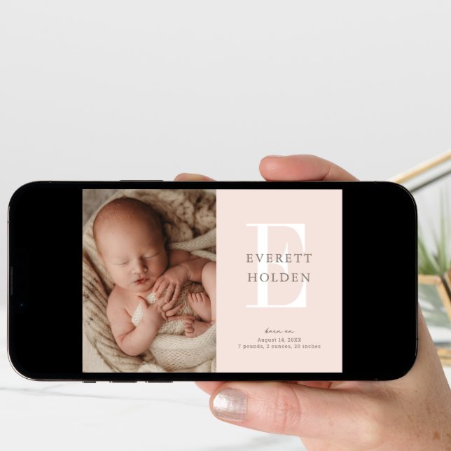 Modern Initial Blush Pink Baby Three Photo Birth Announcement (Front Digital)