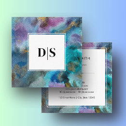 Modern Initial Border Blue Watercolor Abstract Square Business Card