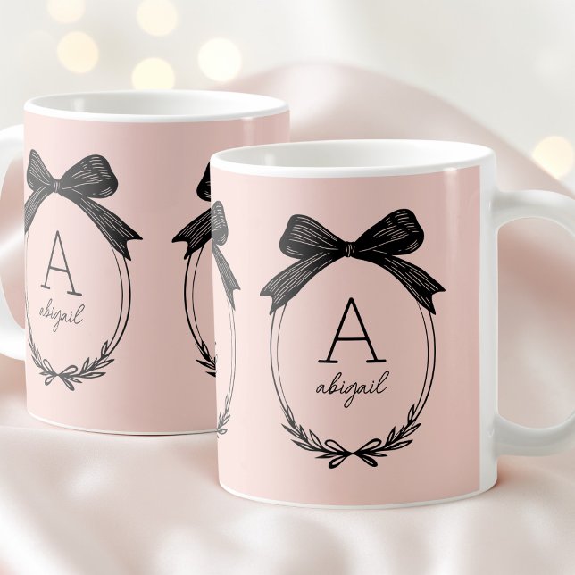 Modern Initial Chic Black Bow Blush Pink Monogram Coffee Mug (Modern Initial Chic Black Bow Blush Pink Monogram Coffee Mug)