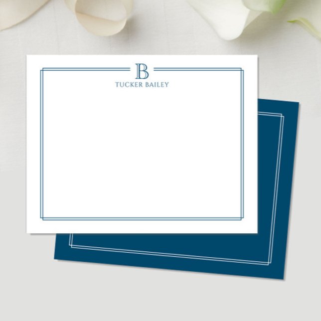 Modern Initial Dark Blue Navy Border Stationery Note Card (Creator Uploaded)
