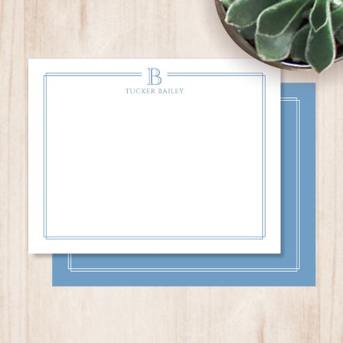 Modern Initial Light Blue Border Stationery Note Card