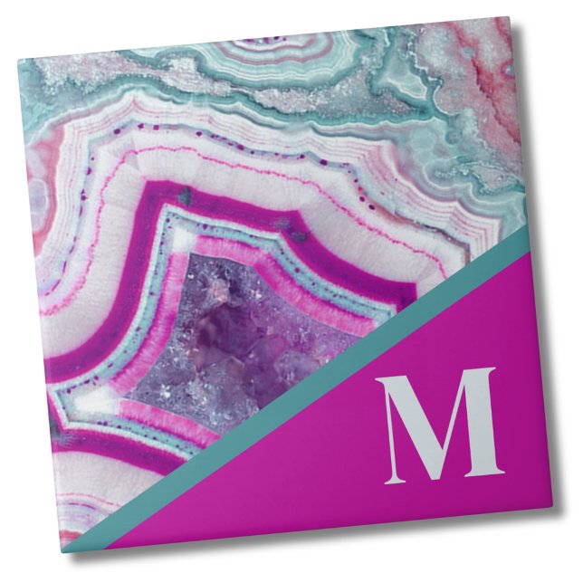 Modern Initial Monogram Ceramic Tile (Trendy Bright Turquoise Fuchsia Stone Monogrammed ceramic tile)